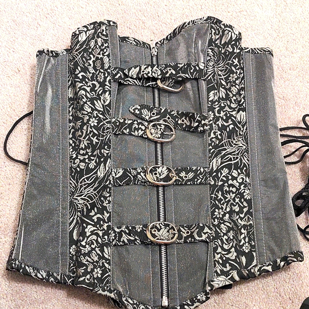Beautiful silver glittery floral brocade Corset L